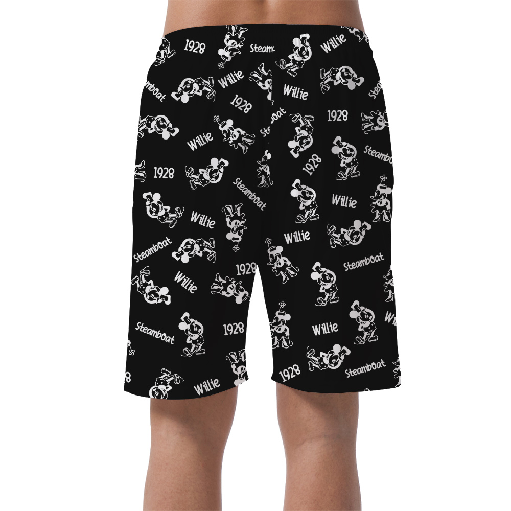 Vintage Steamboat Willie Mickey Mouse Black Hawaiian Beach Shorts For Men