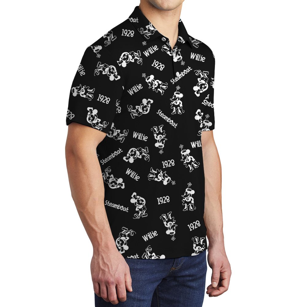 Vintage Mickey Steamboat Willie Men's Black Hawaiian Polo Shirt
