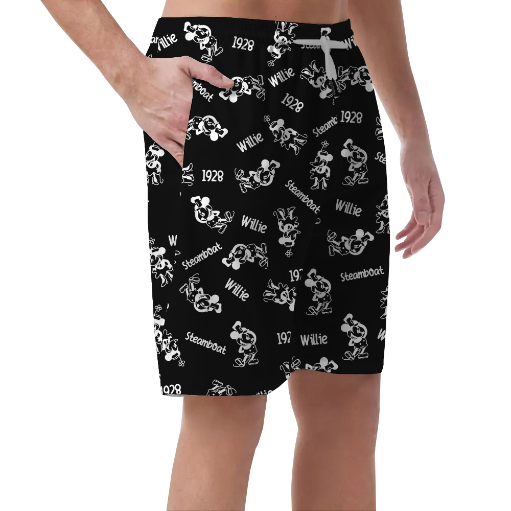 Vintage Steamboat Willie Mickey Mouse Black Hawaiian Beach Shorts For Men