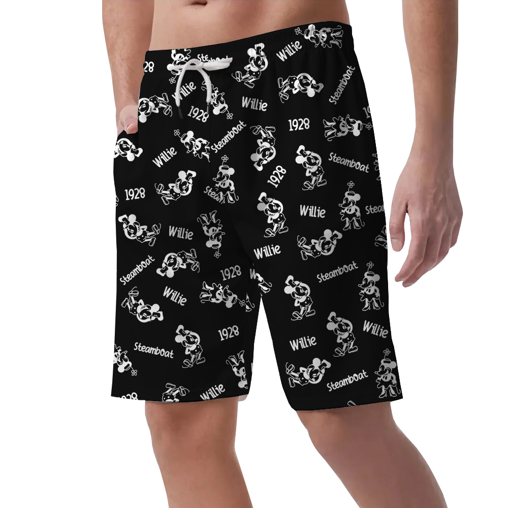 Vintage Steamboat Willie Mickey Mouse Black Hawaiian Beach Shorts For Men