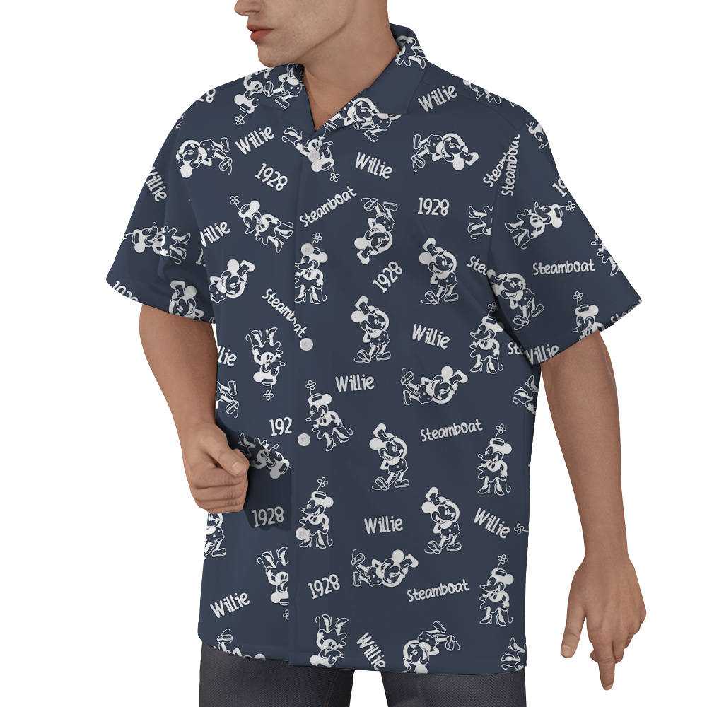 Cute Steamboat Willie Mickey 1928 Hawaiian Navy Button Up Shirt