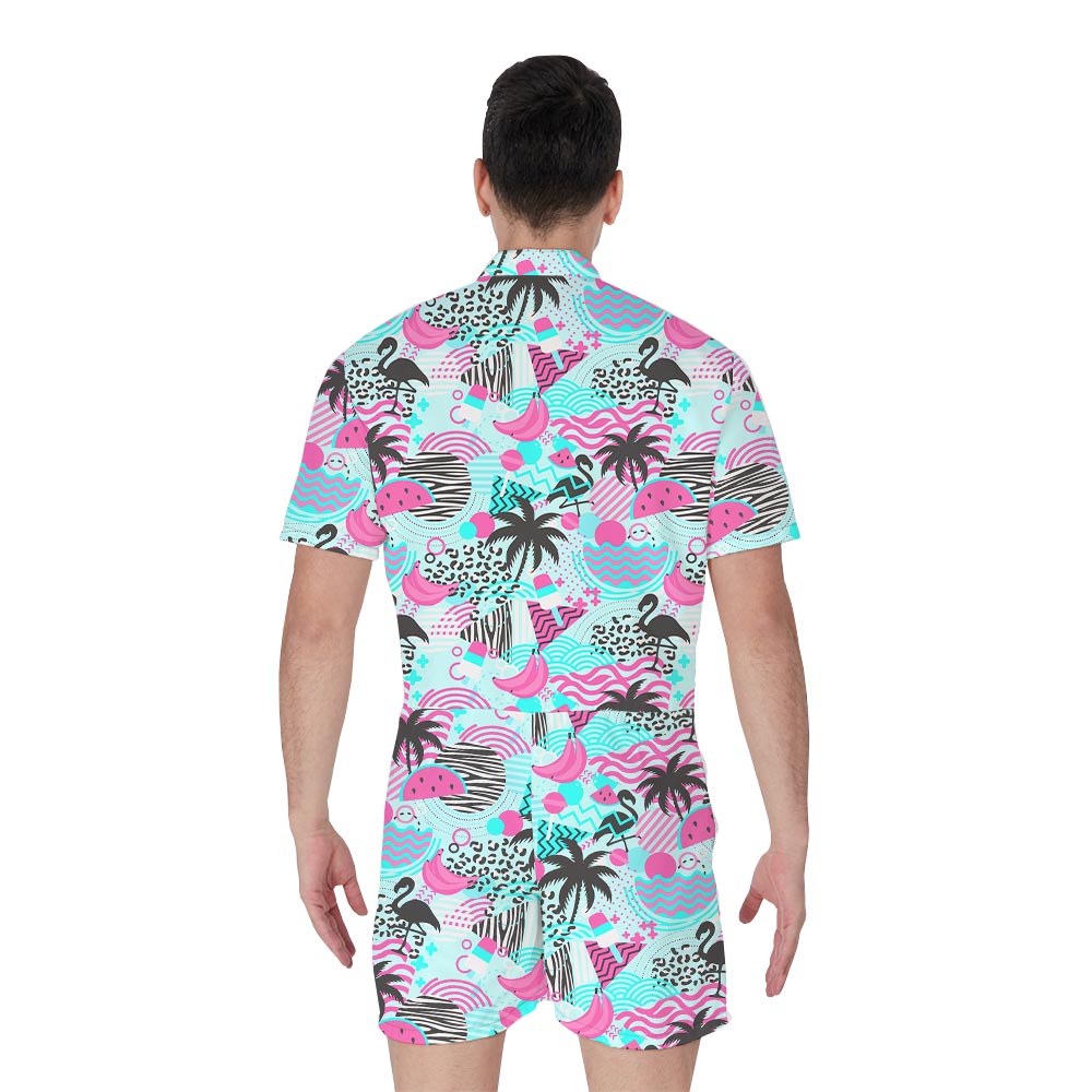 Retro 80s Male Tropical Romper With Flamingo
