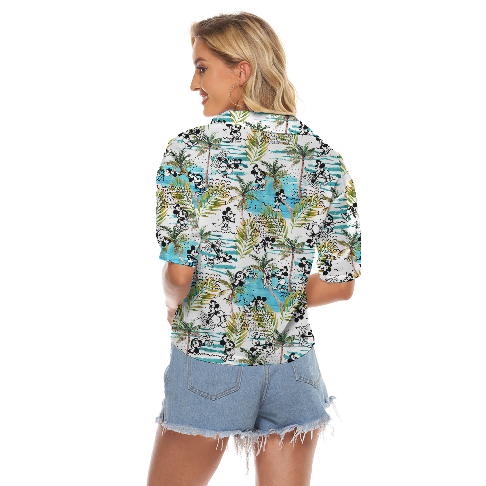 Funny Mickey Steamboat Willie Tropical Palm Trees Hawaiian Cropped Shirt For Women