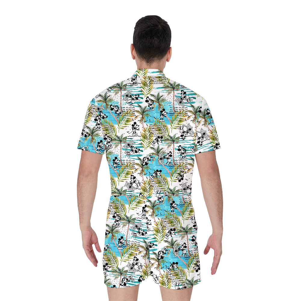 Mickey Steamboat Willie Tropical Palm Trees Hawaiian Romper For Men