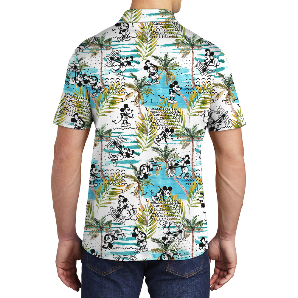 Cute Mickey Steamboat Willie Tropical Palm Trees Men's Hawaiian Polo Shirt