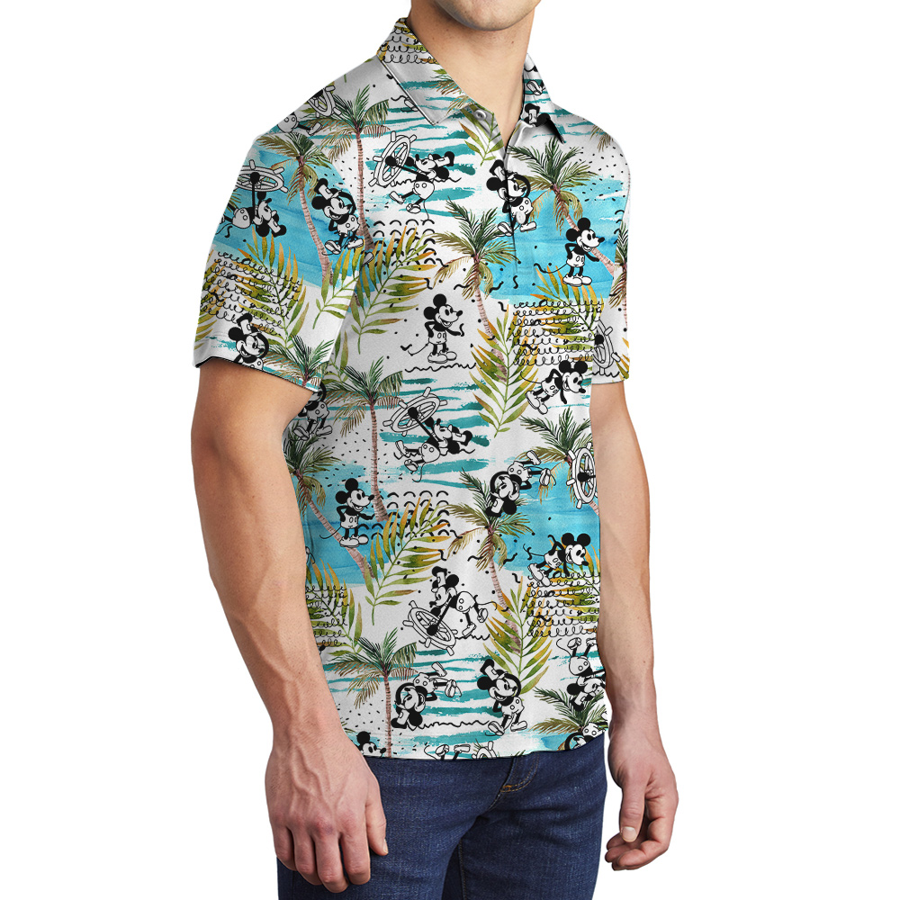 Cute Mickey Steamboat Willie Tropical Palm Trees Men's Hawaiian Polo Shirt