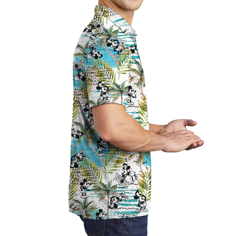 Cute Mickey Steamboat Willie Tropical Palm Trees Men's Hawaiian Polo Shirt