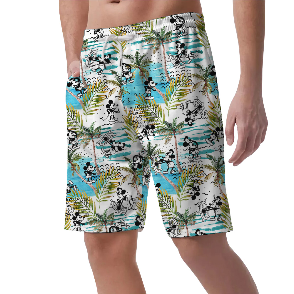 Funny Mickey Steamboat Willie Tropical Palm Trees Men's Hawaiian Beach Shorts