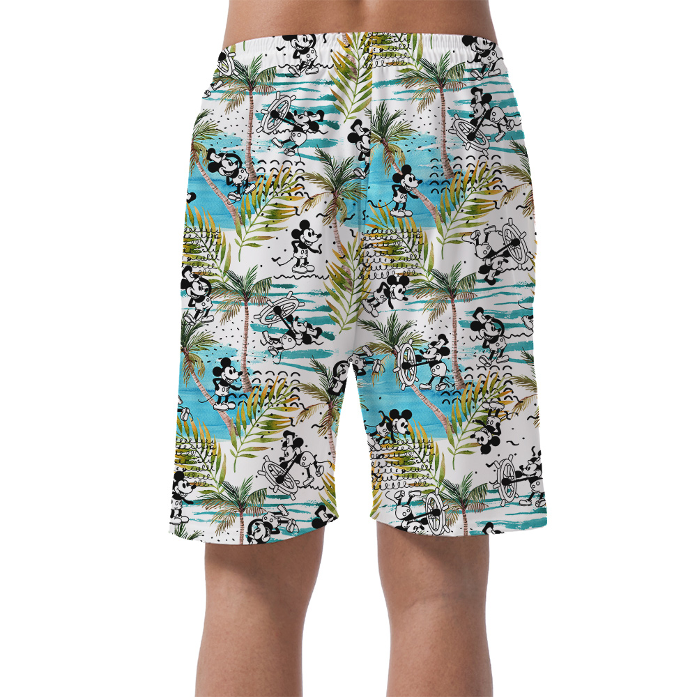 Funny Mickey Steamboat Willie Tropical Palm Trees Men's Hawaiian Beach Shorts