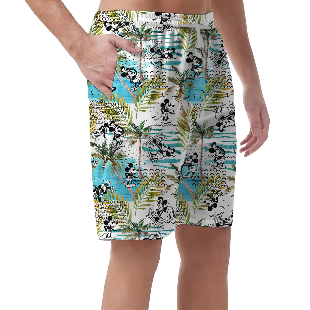 Funny Mickey Steamboat Willie Tropical Palm Trees Men's Hawaiian Beach Shorts