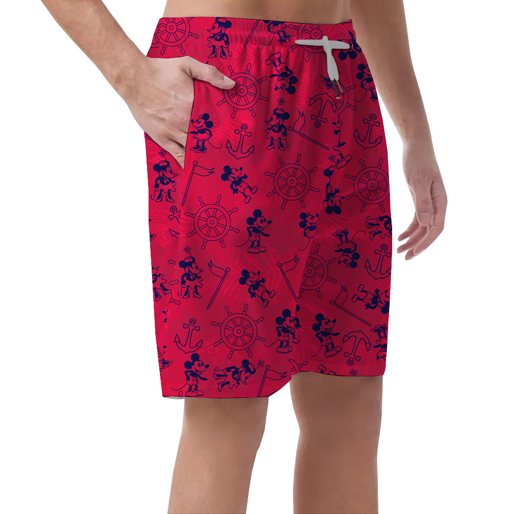Classic Mickey Steamboat Willie Red Hawaiian Men's Beach Shorts