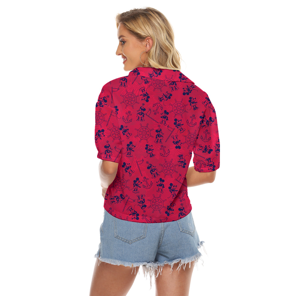 Vintage Mickey Steamboat Willie Red Hawaiian Cropped Shirt For Women