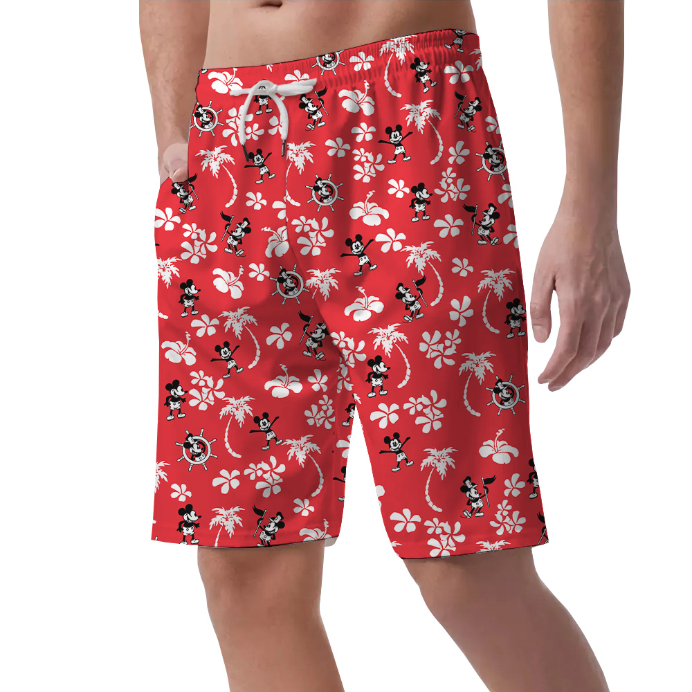 Cute Mickey Steamboat Willie Hibiscus Palm Trees Red Hawaiian Beach Shorts For Men