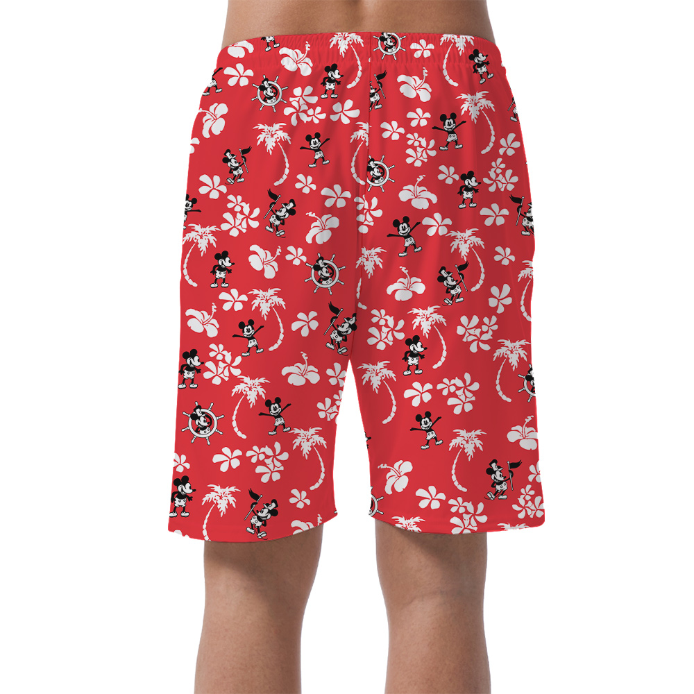 Cute Mickey Steamboat Willie Hibiscus Palm Trees Red Hawaiian Beach Shorts For Men
