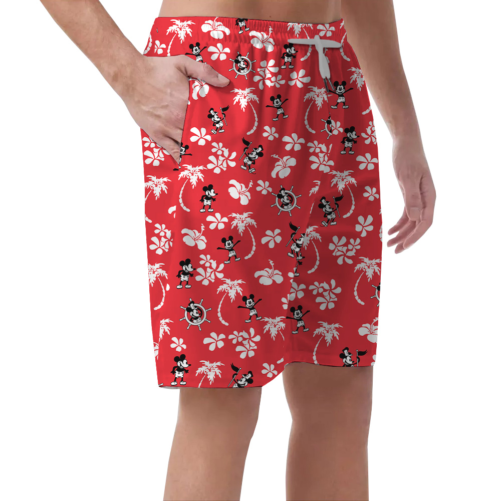 Cute Mickey Steamboat Willie Hibiscus Palm Trees Red Hawaiian Beach Shorts For Men