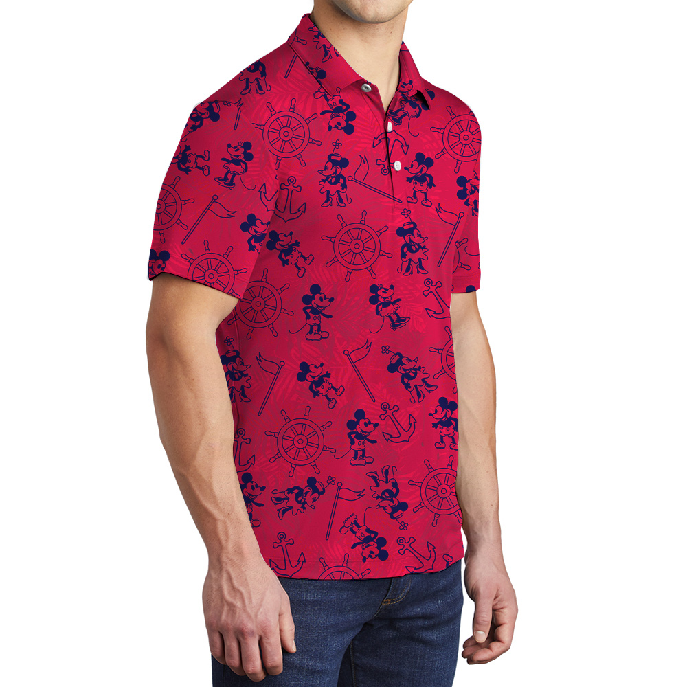 Vintage Mickey Steamboat Willie Red Hawaiian Polo Golf Shirt For Men