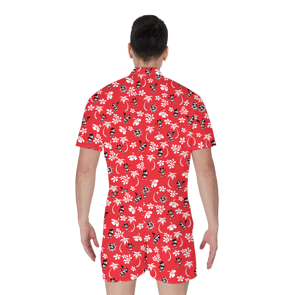 Cute Mickey Steamboat Willie Red Hibiscus Red Men's Hawaiian Romper