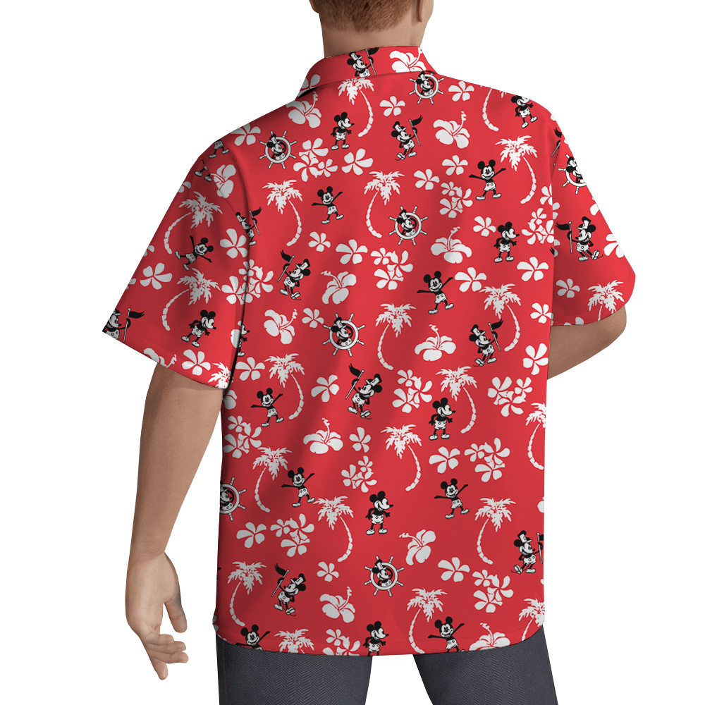 Cute Mickey Steamboat Willie Floral Palm Trees Red Hawaiian Shirt