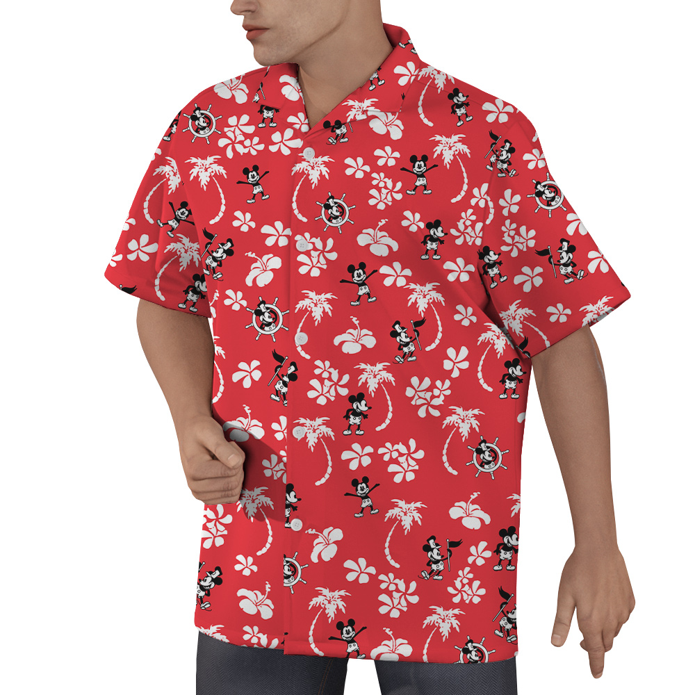 Cute Mickey Steamboat Willie Floral Palm Trees Red Hawaiian Shirt