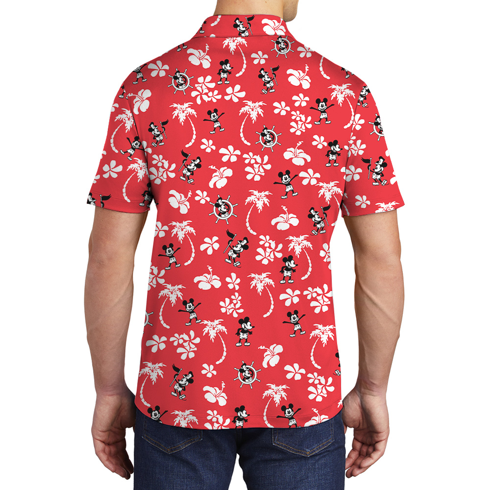 Steamboat Willie Mickey Hibiscus Palm Trees Red Men's Hawaiian Polo Shirt