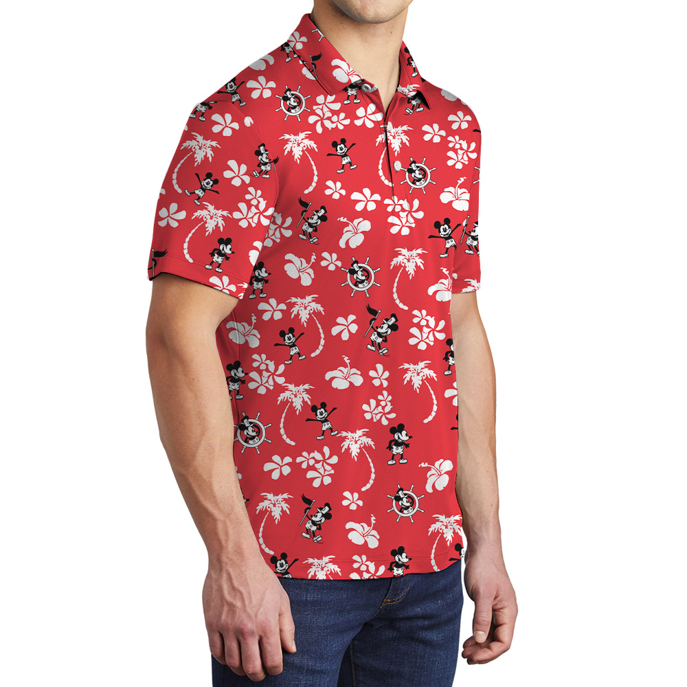 Steamboat Willie Mickey Hibiscus Palm Trees Red Men's Hawaiian Polo Shirt