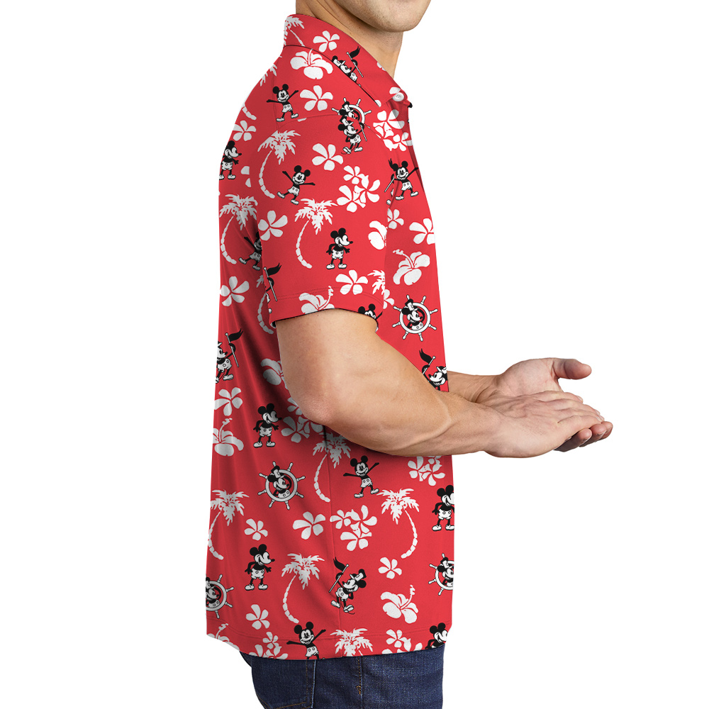 Steamboat Willie Mickey Hibiscus Palm Trees Red Men's Hawaiian Polo Shirt