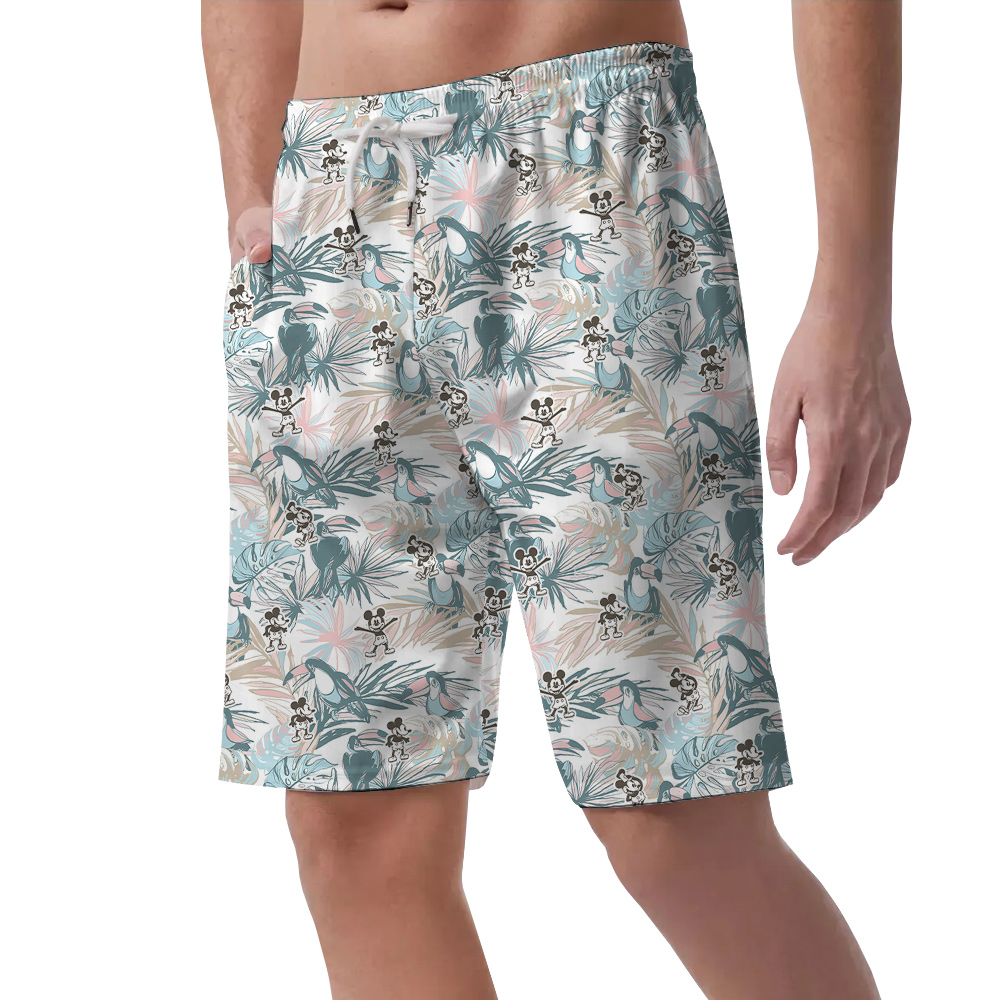 Steamboat Willie Mickey Vintage Tropical Parrot Hawaiian Beach Shorts For Men