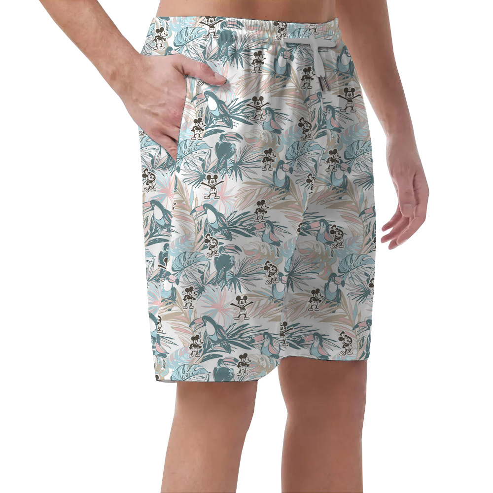 Steamboat Willie Mickey Vintage Tropical Parrot Hawaiian Beach Shorts For Men