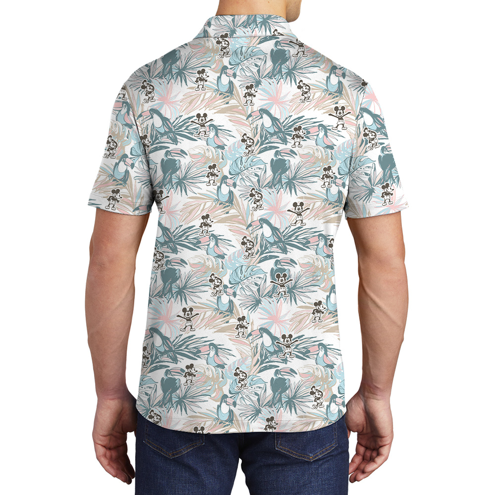 Cute Mickey Steamboat Willie Tropical Parrot Hawaiian Polo Shirt For Men