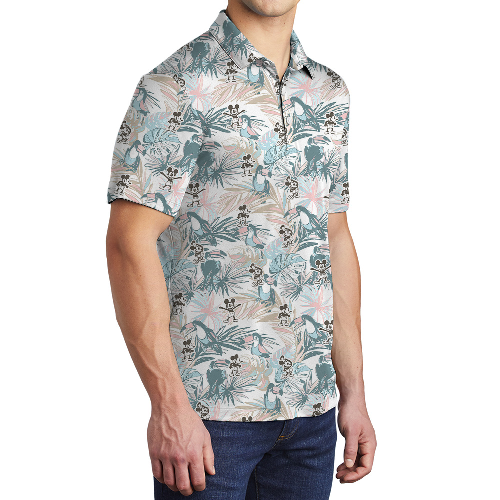 Cute Mickey Steamboat Willie Tropical Parrot Hawaiian Polo Shirt For Men