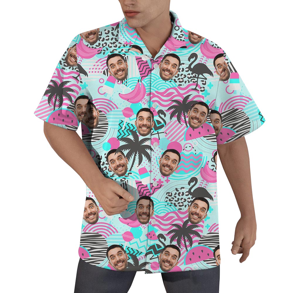 Retro 80s Flamingo Palm Tree Personalized Hawaiian Men's Shirt - variant image 1