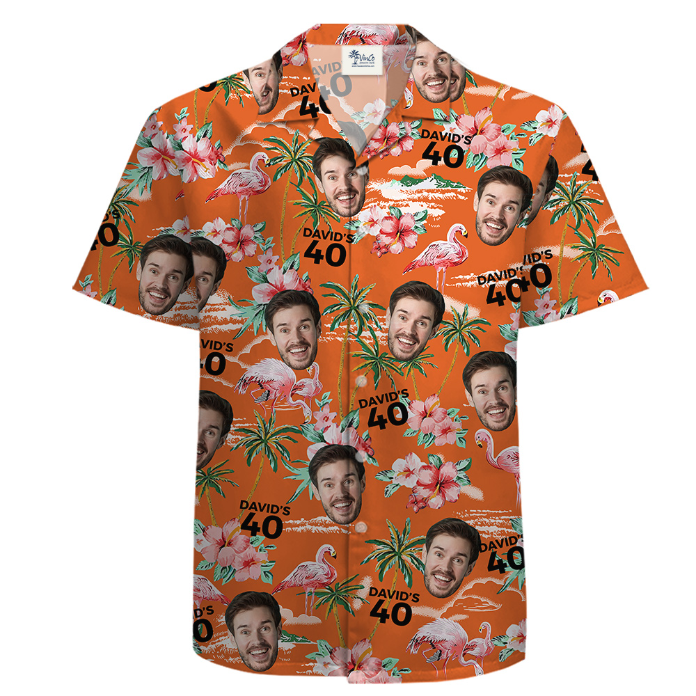 Custom Face Birthday 100 Cotton Orange Hawaiian Men Shirt - variant image 1
