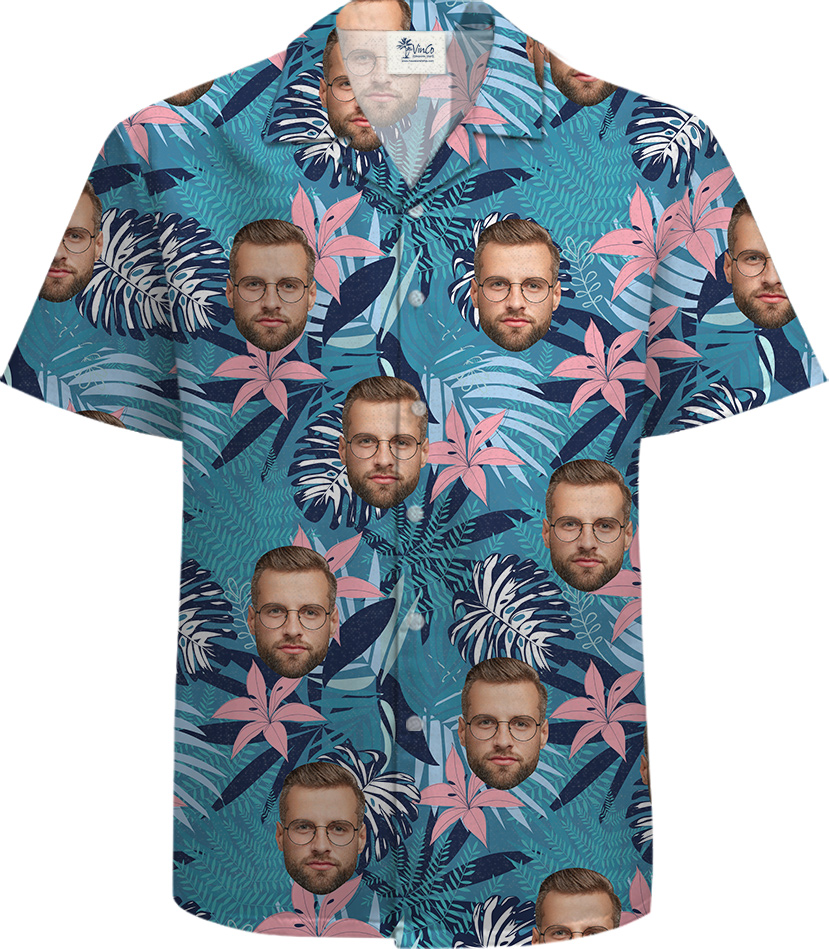 100% Cotton Blue Hawaiian Men Shirt with Custom Face - variant image 1