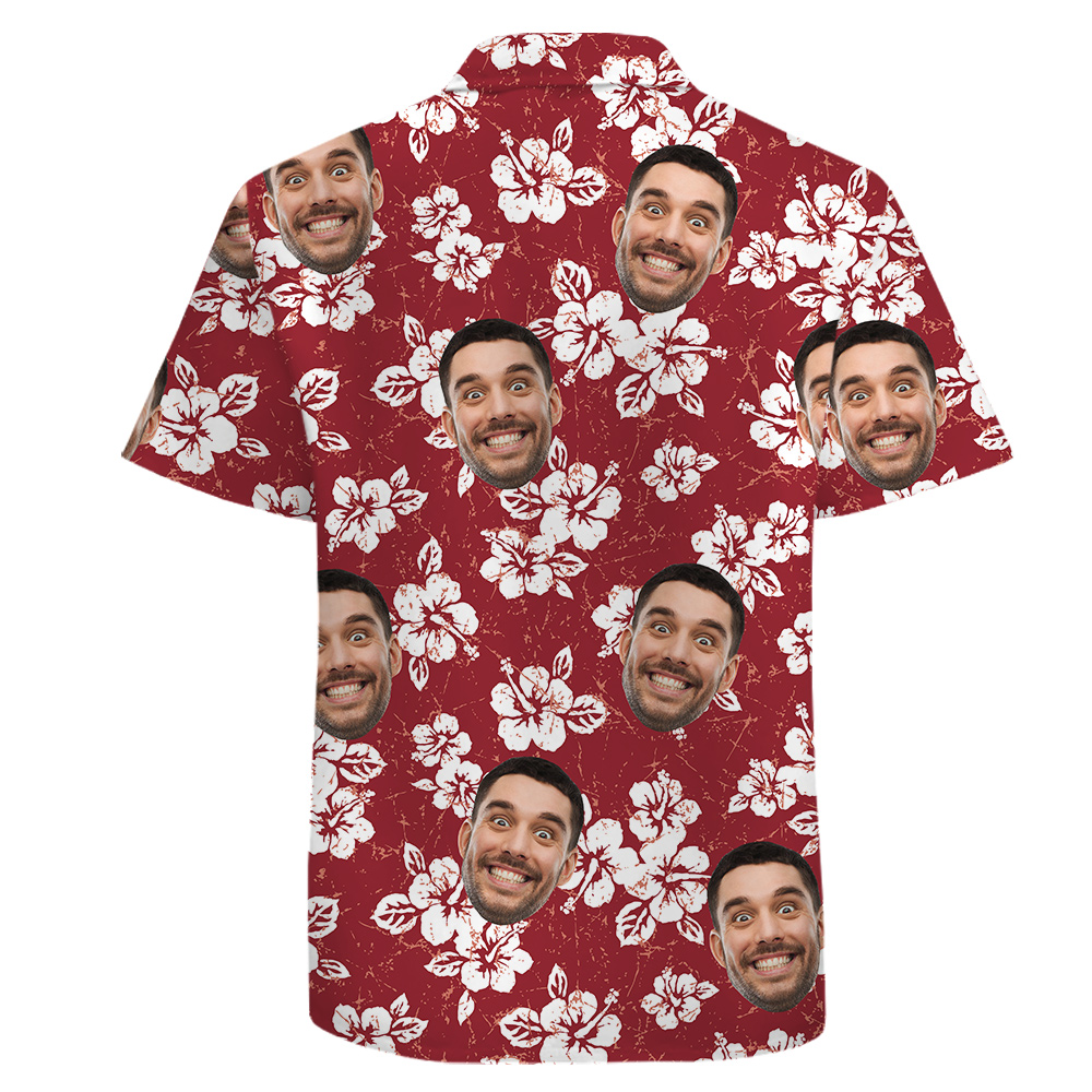 Red Hibiscus 100% Cotton Tropical Shirt for Men with Face Personalized