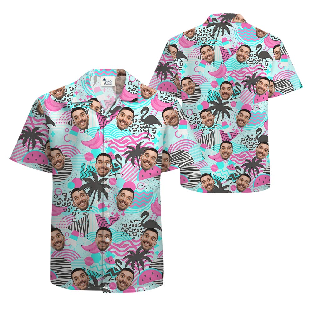 Retro 80s Flamingo Palm Tree Personalized Hawaiian Men's Shirt