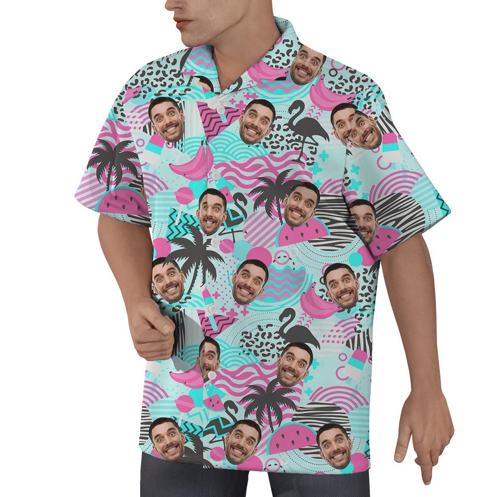 Retro 80s Flamingo Palm Tree Personalized Hawaiian Men's Shirt