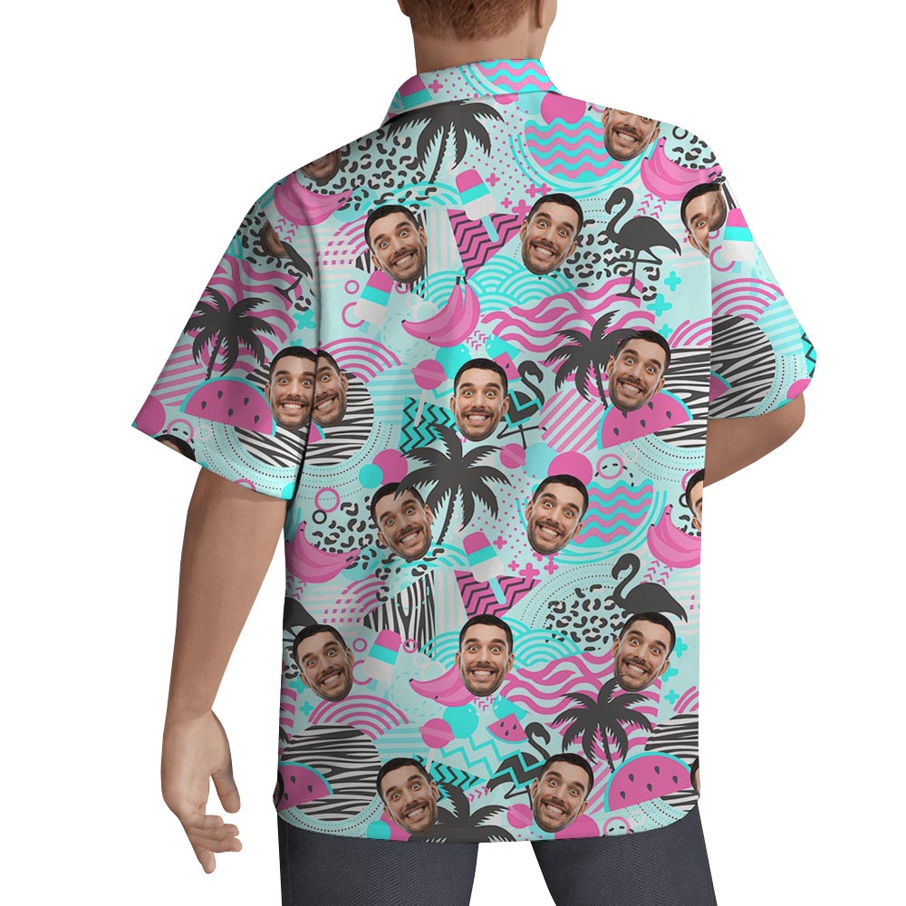 Retro 80s Flamingo Palm Tree Personalized Hawaiian Men's Shirt