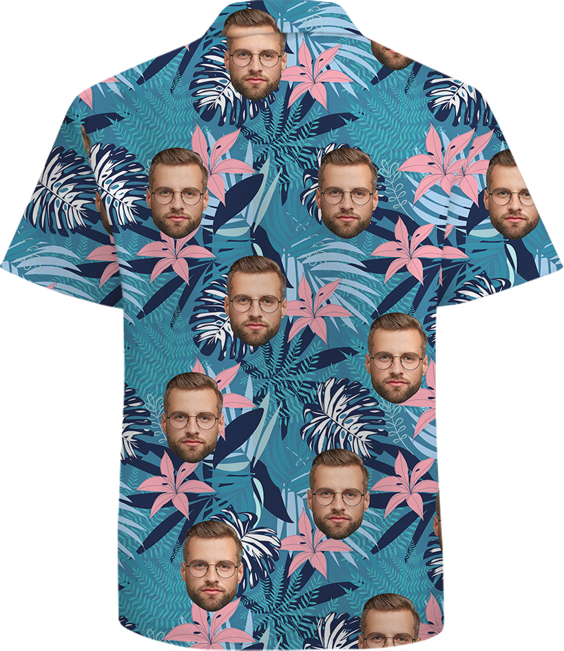 100% Cotton Blue Hawaiian Men Shirt with Custom Face