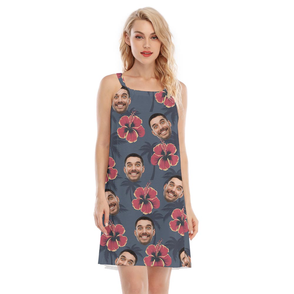 Navy Hibiscus Aloha Summer Dress For Women With Custom Face - variant image 1