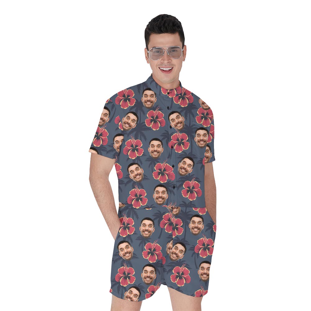 Custom Face On Men's Romper Navy Hibiscus Print - variant image 1