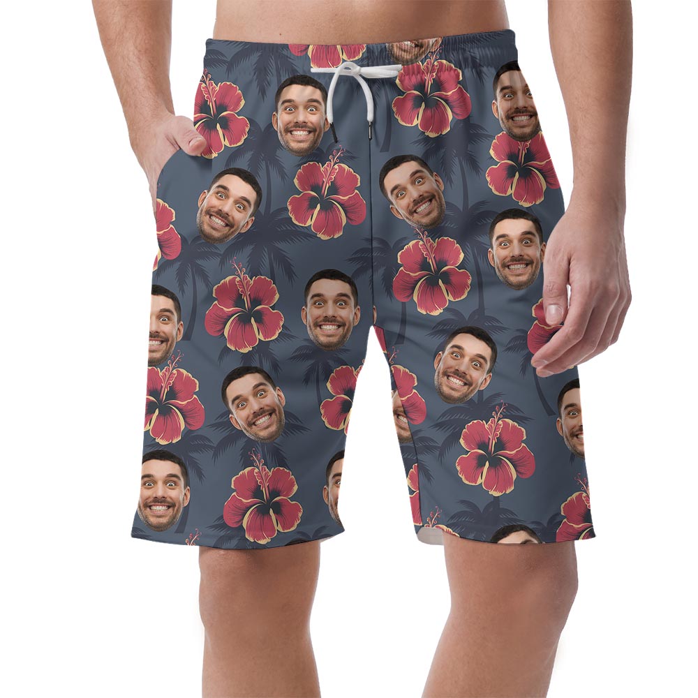 Personalized Navy Men's Beach Shorts With Hibiscus Palm Trees - variant image 1