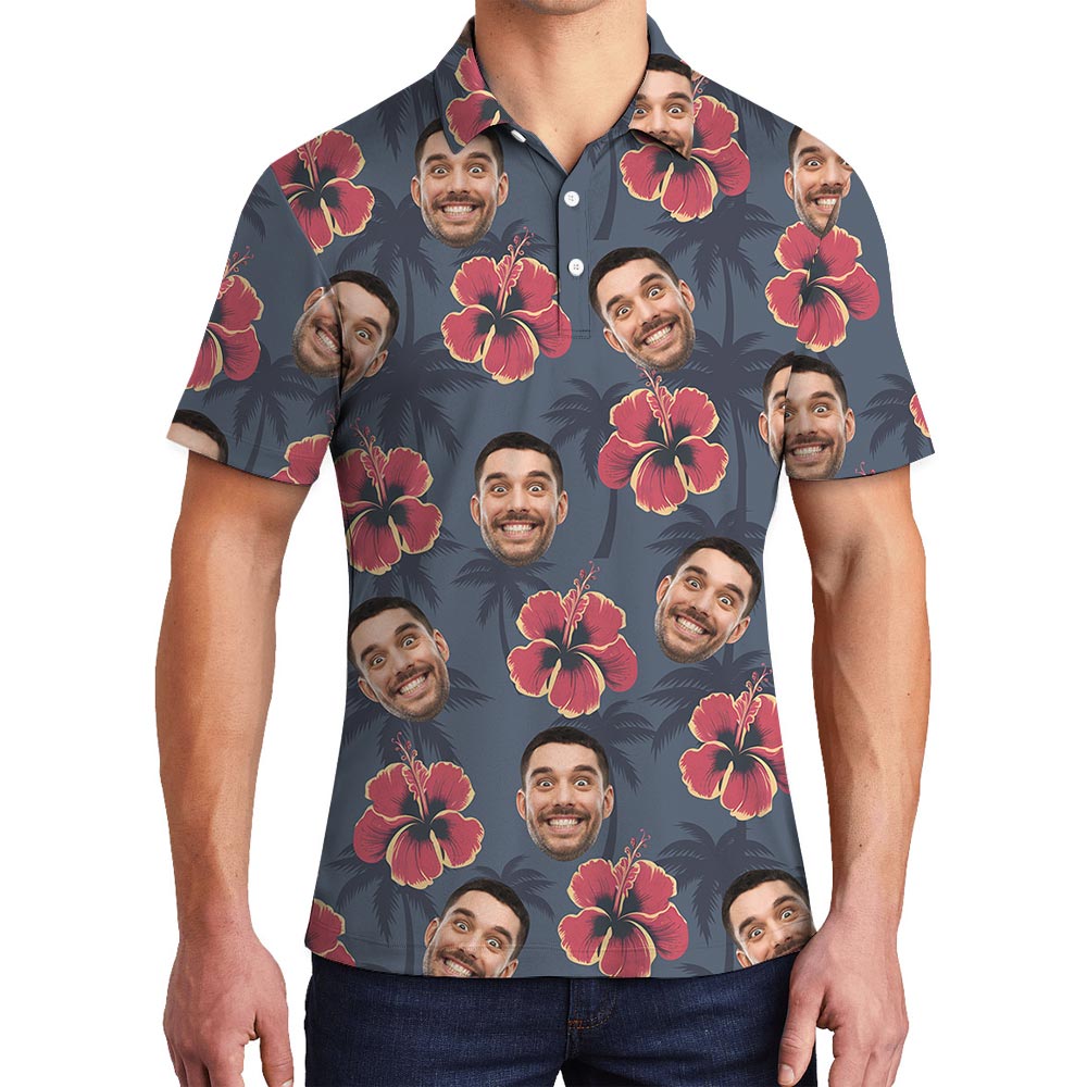 Navy Hibiscus Personalized Men's Polo Shirt With Faces - variant image 1