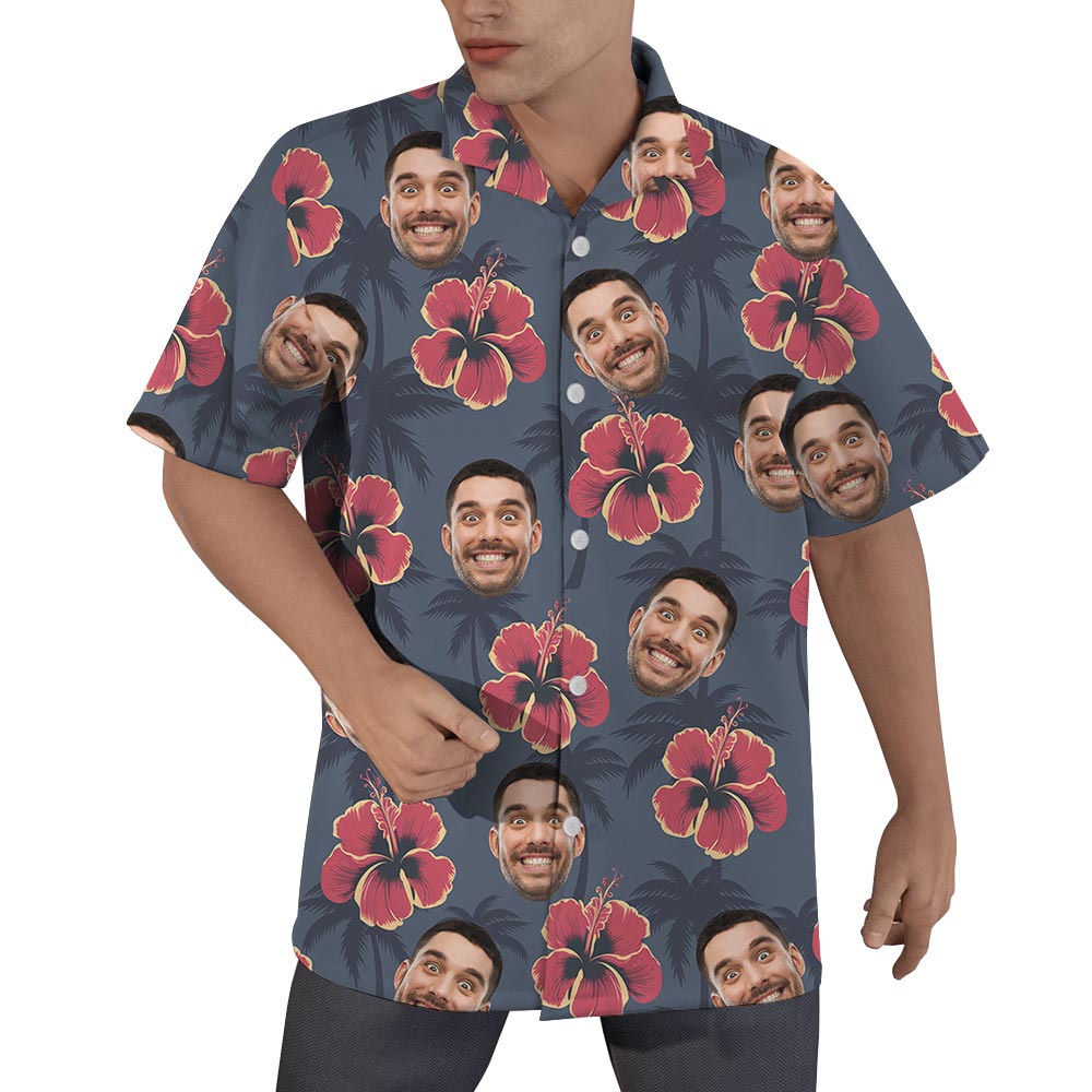 Personalized Red Hibiscus Button Hawaiian Shirt With Your Face - variant image 1