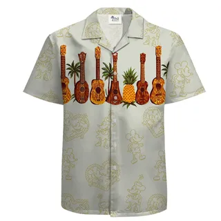 White Tropical Shirt for Men with Mickey 1928 and Guitar Theme