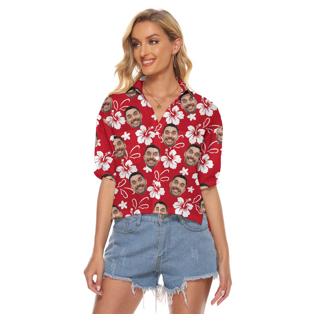 Funny Faces On Women's Crop Top Red Hawaiian Shirt - variant image 1