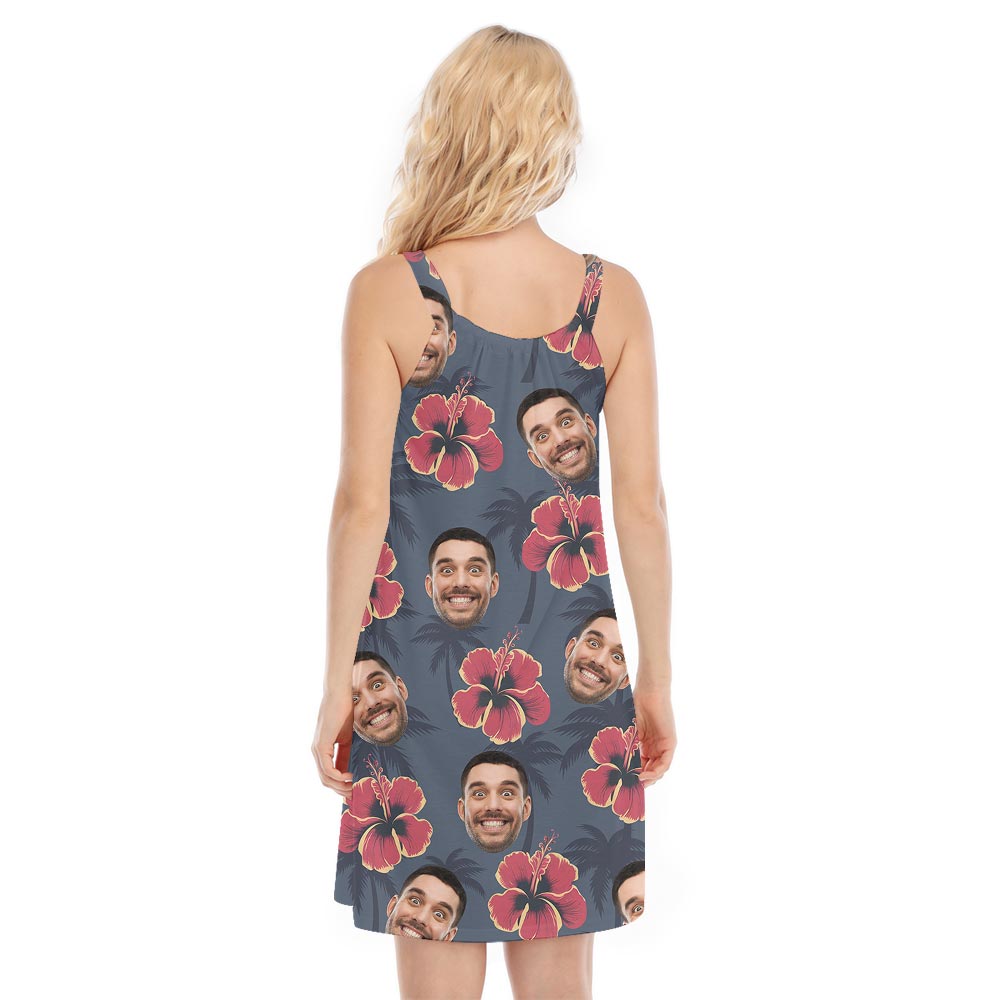 Navy Hibiscus Aloha Summer Dress For Women With Custom Face