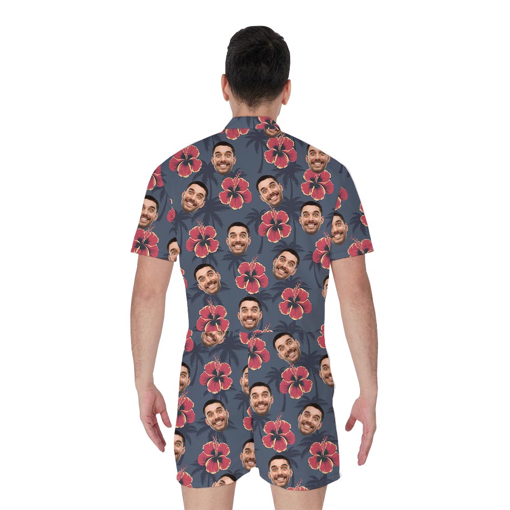 Custom Face On Men's Romper Navy Hibiscus Print