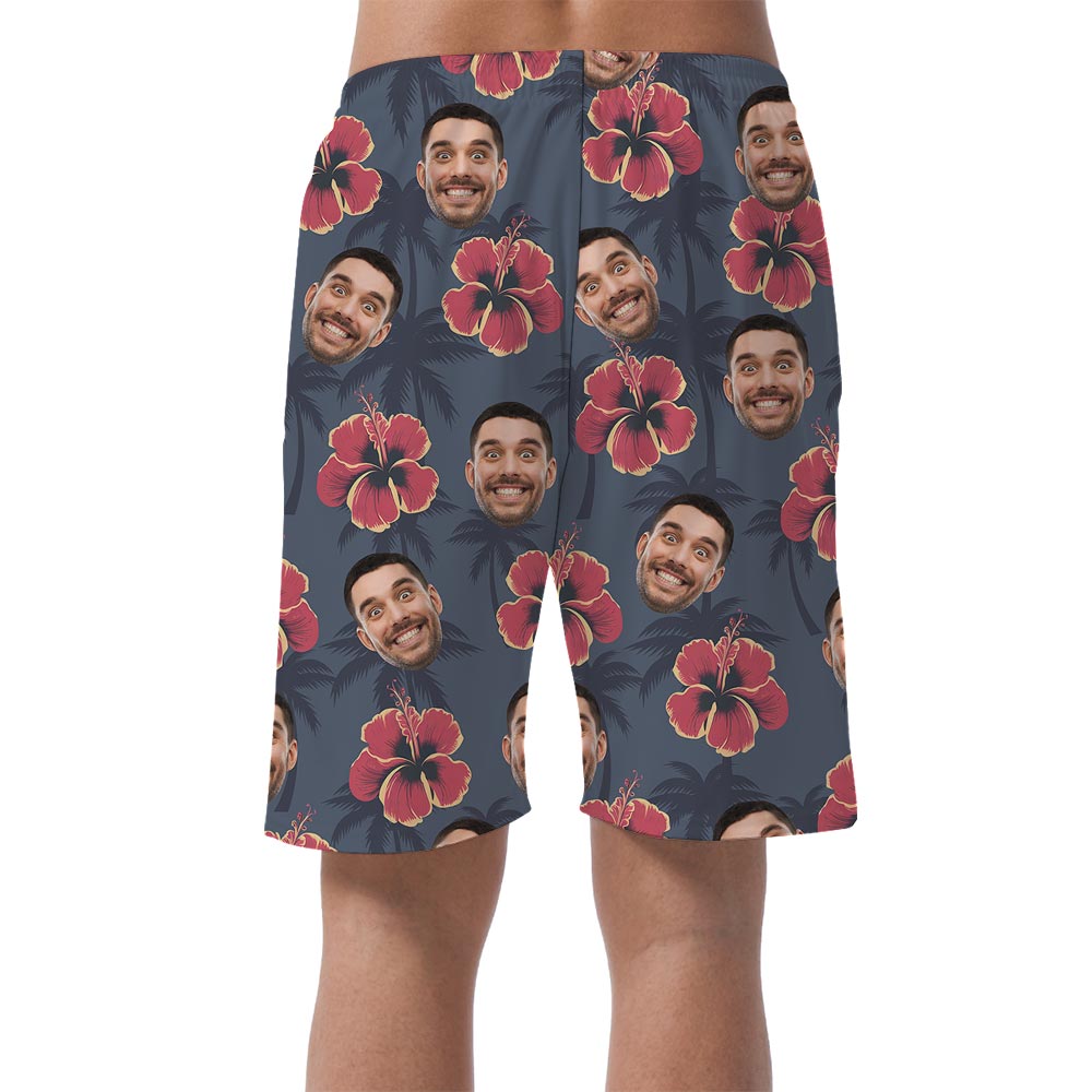 Personalized Navy Men's Beach Shorts With Hibiscus Palm Trees