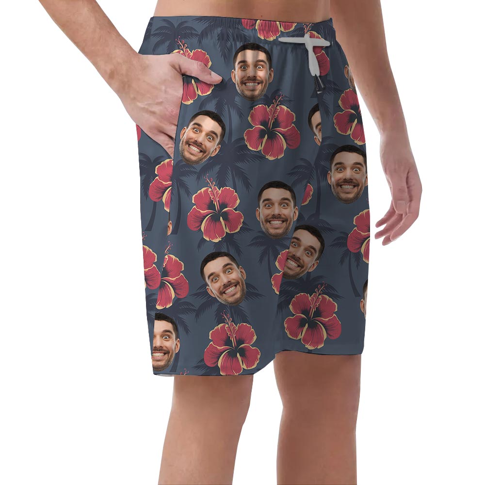 Personalized Navy Men's Beach Shorts With Hibiscus Palm Trees