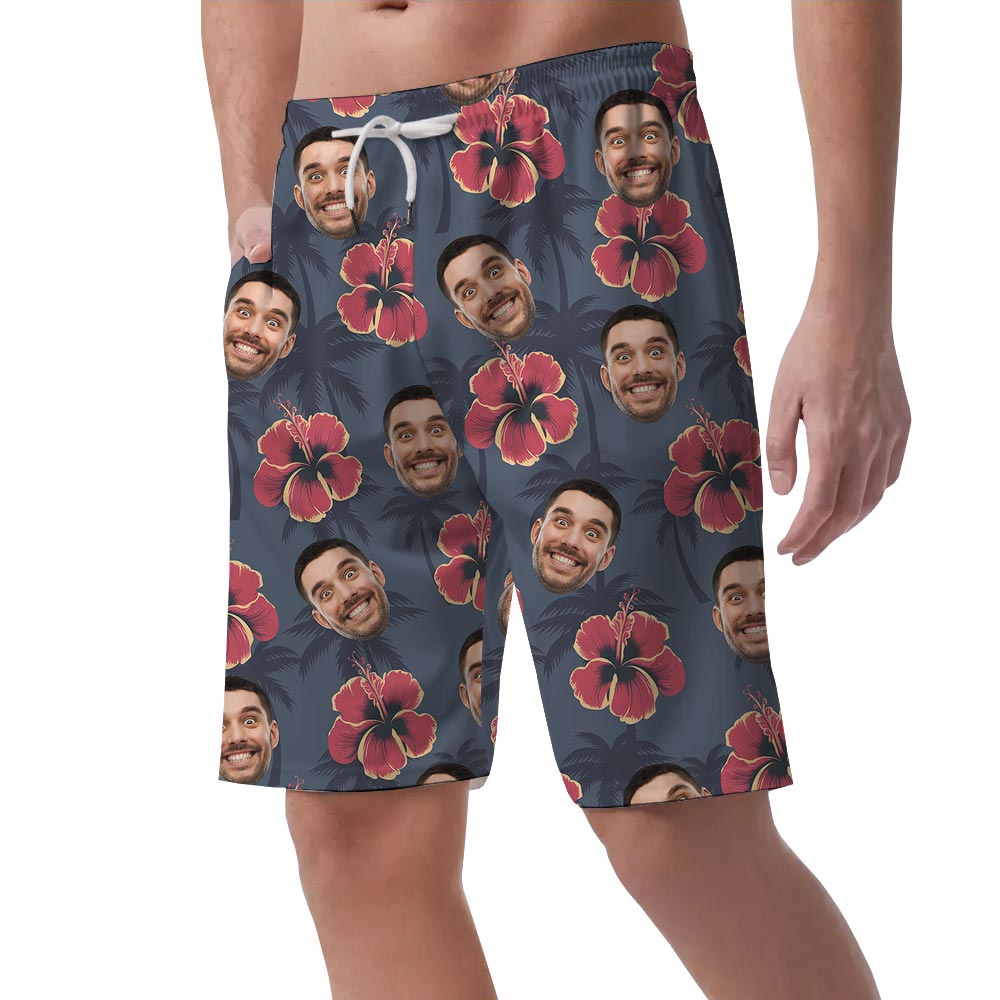 Personalized Navy Men's Beach Shorts With Hibiscus Palm Trees